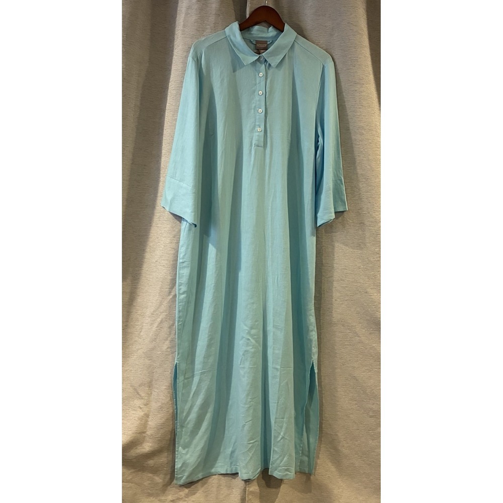 Chico's Linen Blend Button Front Maxi Shirt Dress Aqua Pearl Blue Size 3 XL
